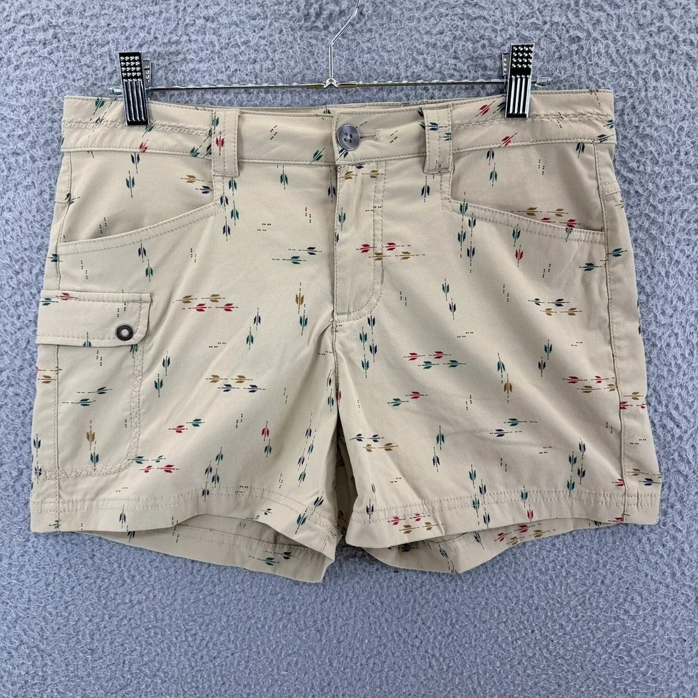 Eddie Bauer Travex Shorts Womens 6 Tan Arrow Print Hiking Outdoor Cargo Stretch